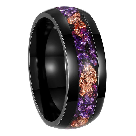 Planderful Mens Amethyst Inlaid Black Titanium Steel Ring