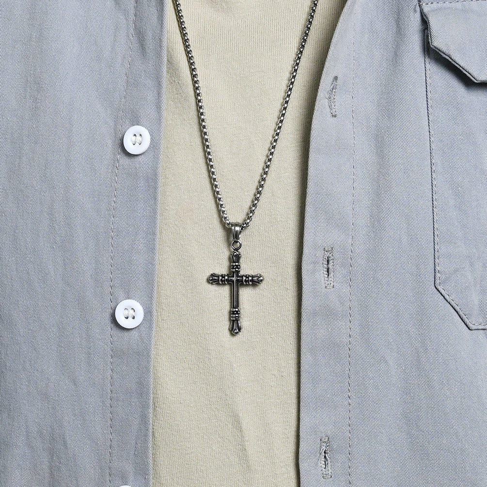 Planderful Titanium Cross Necklace for Men Retro Punk Style