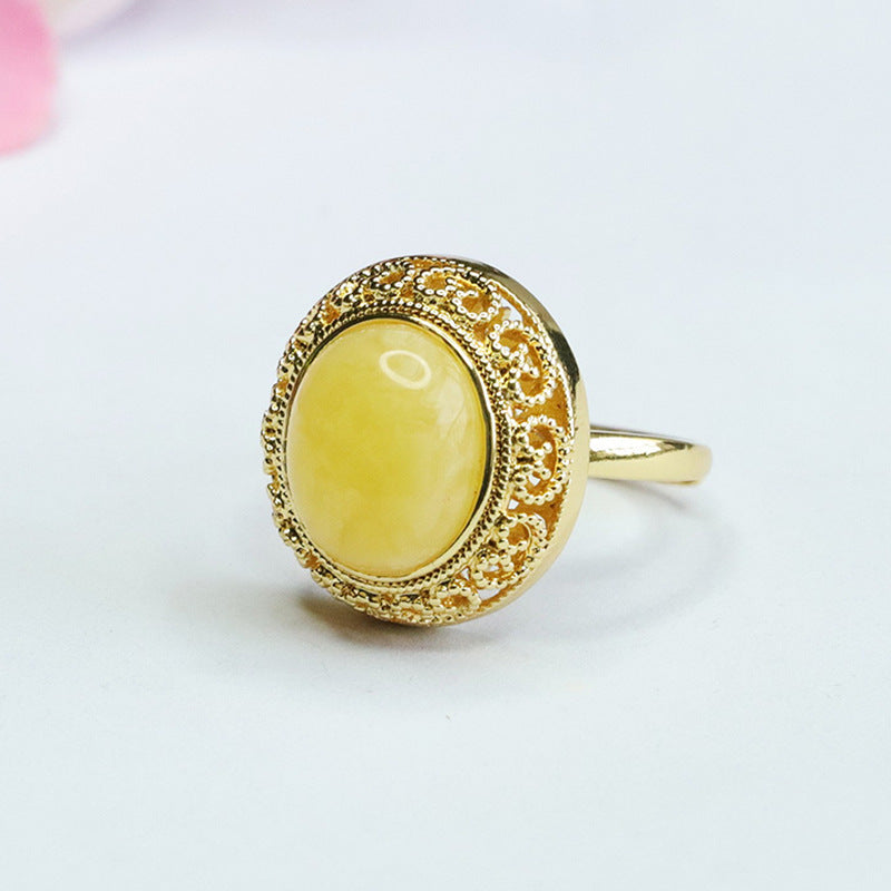 Amber Beeswax Ring with Sterling Silver Ruyi Design