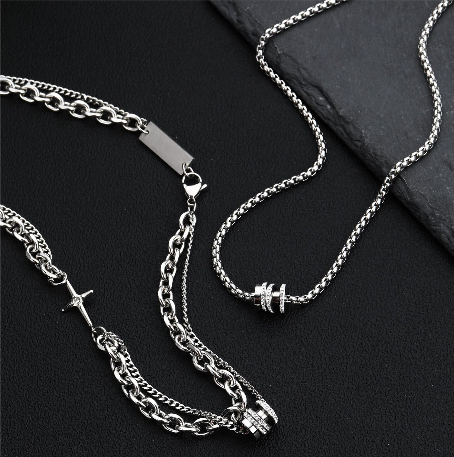 Planderful Jewelry Zircon Transfer Pendant Necklace Titanium Steel Double Layer Clavicle Chain for Men