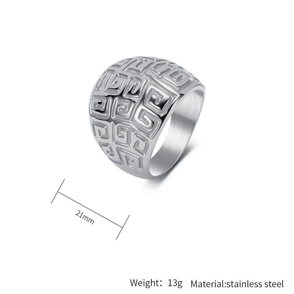 Planderful Titanium Steel Ring Unisex Non Fading Retro Geometric Pattern Everyday Genie