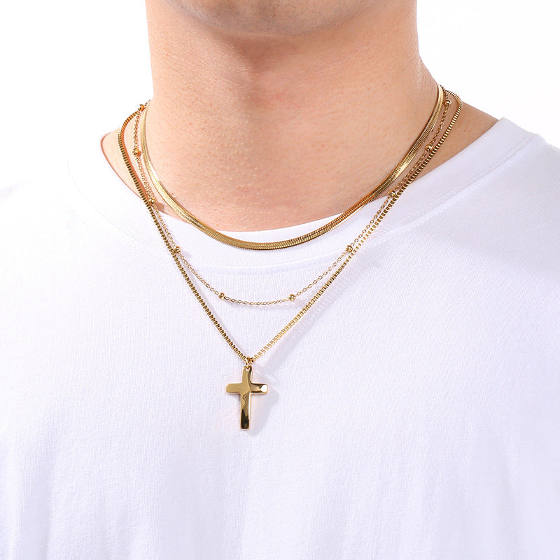 Flat Snake Chain Multi-Layer Chain Necklace, Retro Stainless Steel Box Chain Cross Pendant