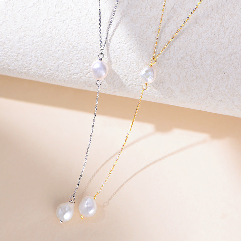 Planderful S925 Sterling Silver Y Shaped Pearl Necklace For Women Elegant Collarbone Jewelry