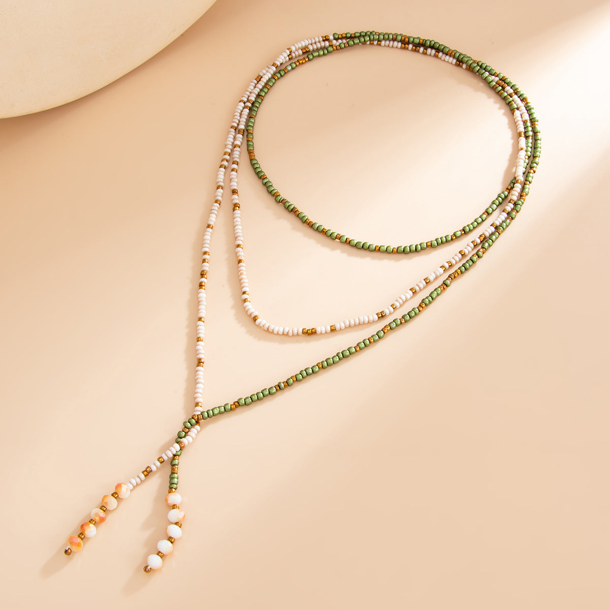 Holiday Style Color Imitation Pearl Beaded Necklace Rice Bead Y-Shaped Fringed Splicing