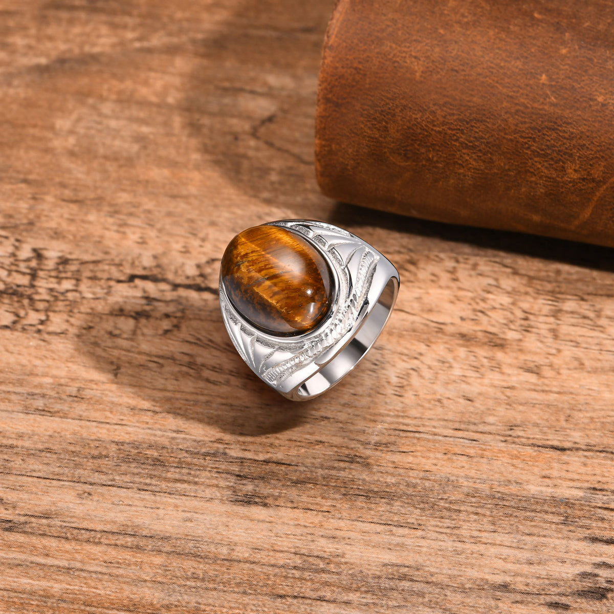 Stainless Steel Natural Tiger's Eye Oval Ring Men's Steel Color