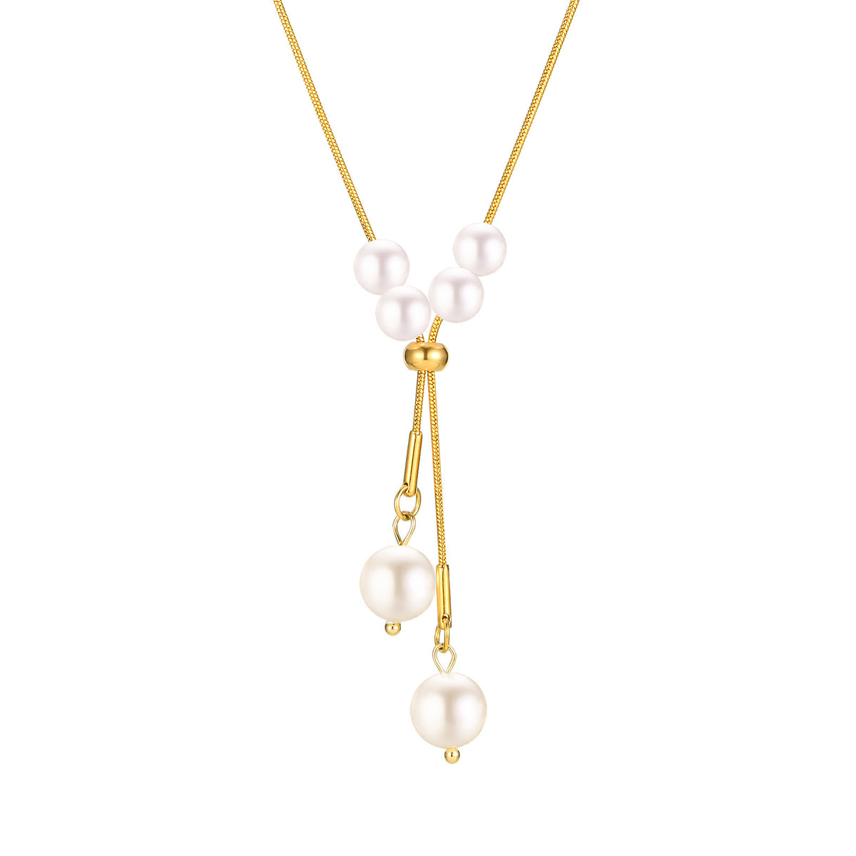 Stainless Steel Round Snake Chain Imitation Pearl Y-Shaped Adjustable Gold Necklace