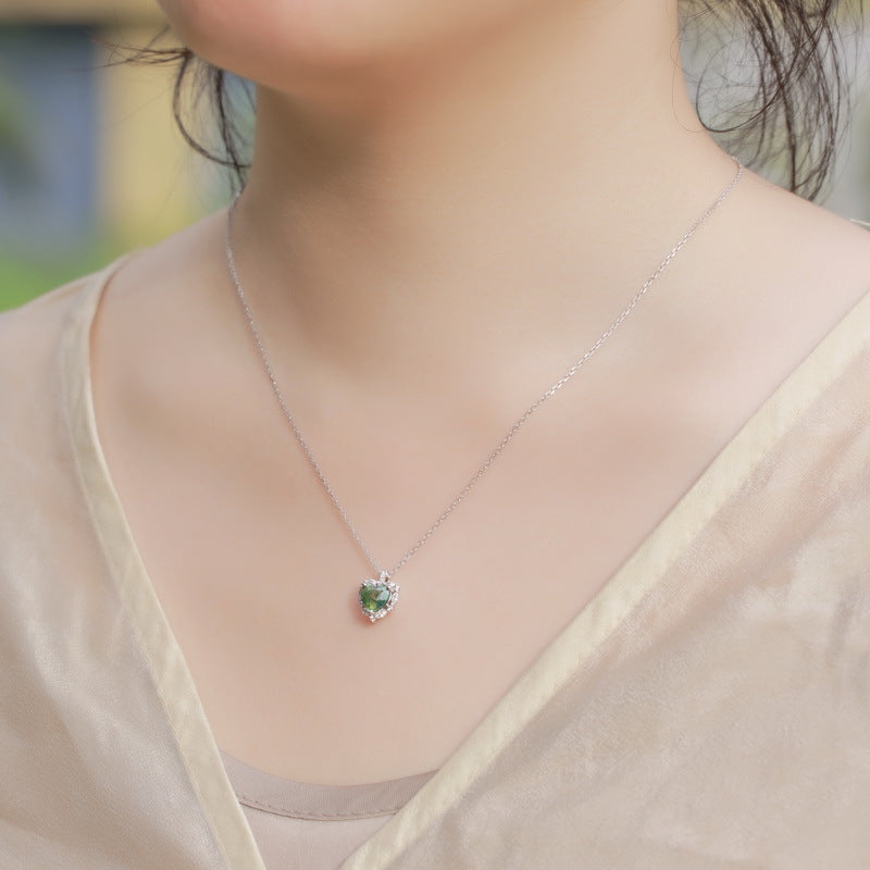 Planderful Jewelry Sterling Silver Necklace With Green Moss Agate Pendant And Zircon Accents