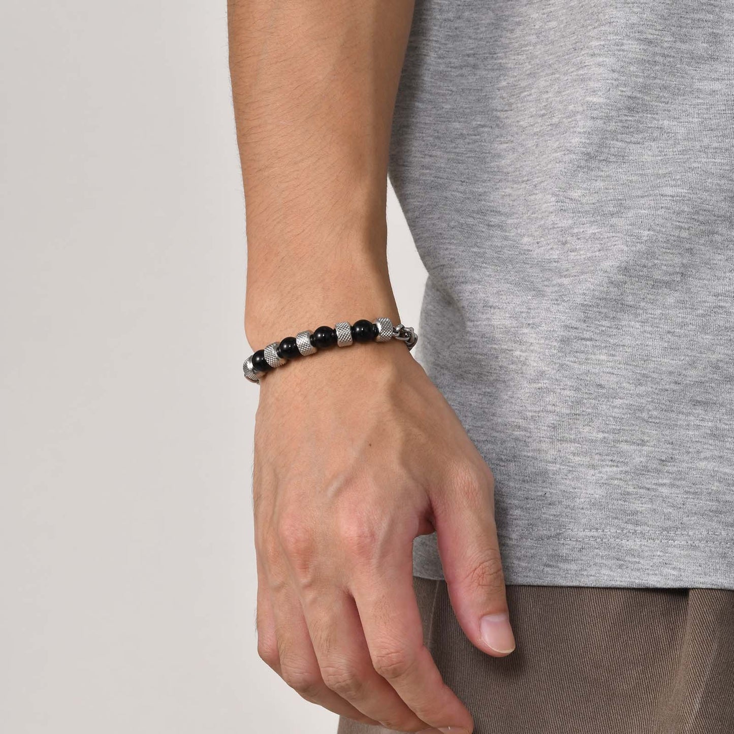 Stainless Steel Flower Basket Chain Beaded Bracelet Men