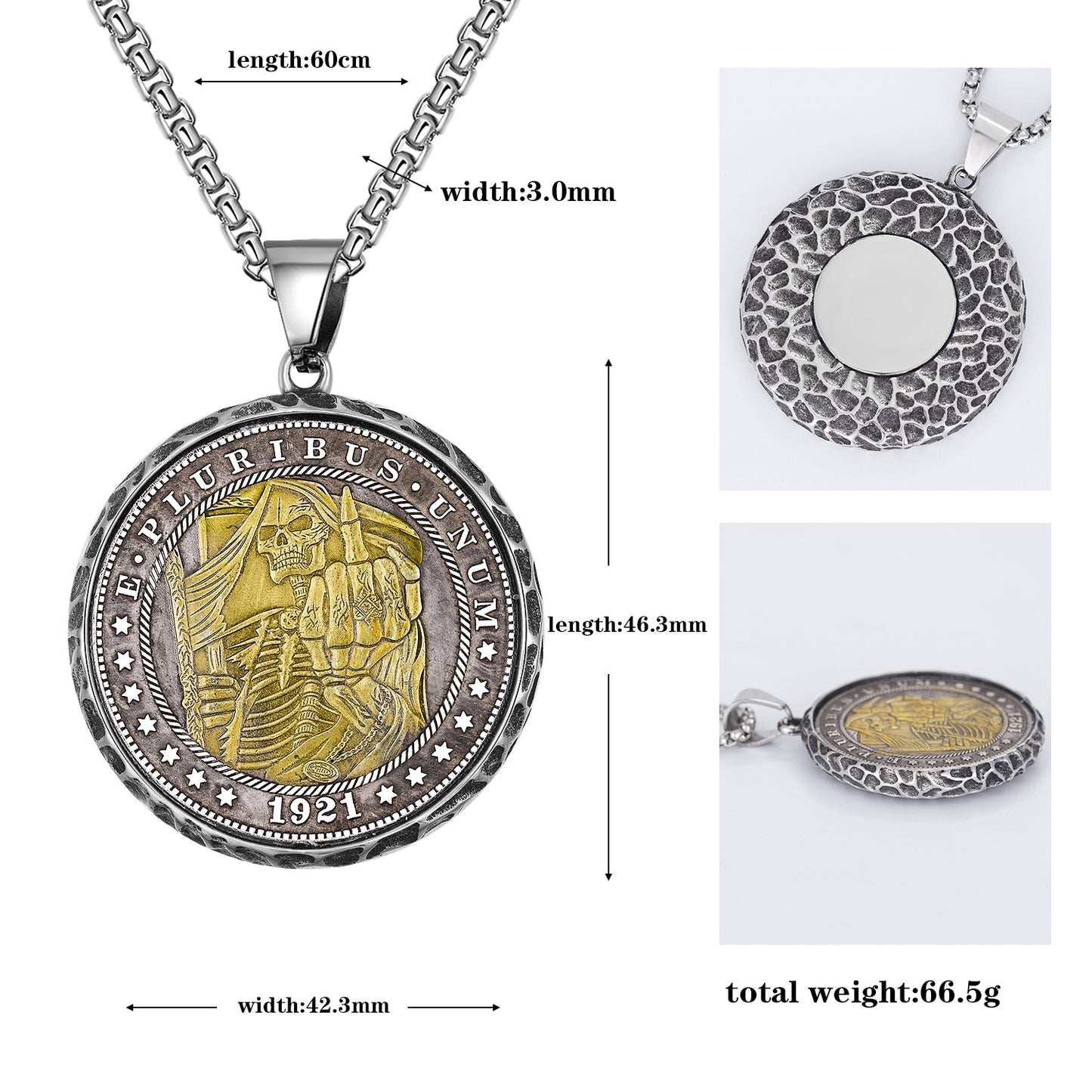 Stainless Steel Necklace - Statement Skull Disc Pendant With Mahjong Coin Charm Limited Edition