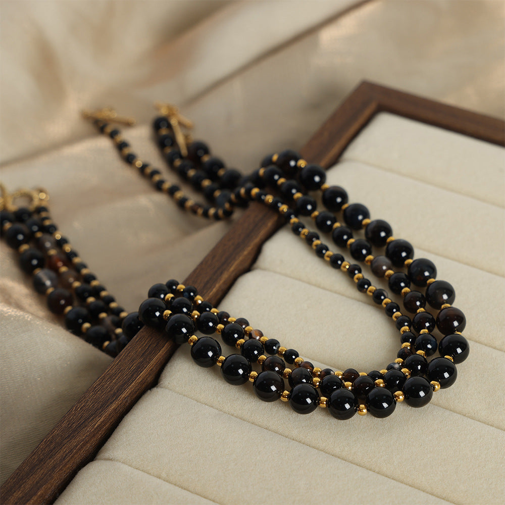 Elegant Black Agate Beaded Necklace with OT Buckle for Women