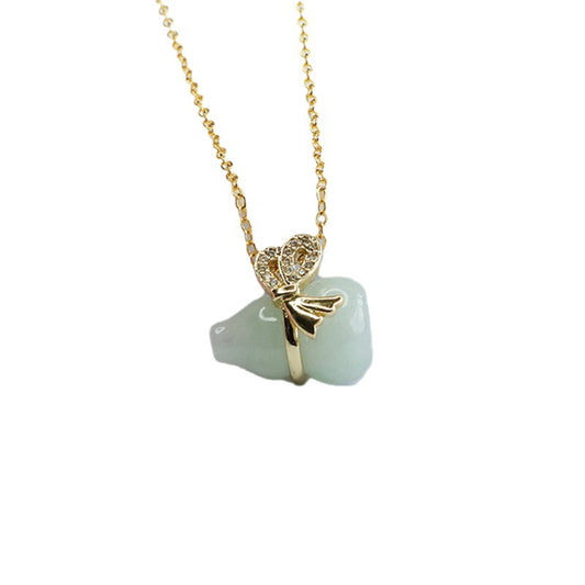 Fortune's Favor Sterling Silver Necklace with Natural Burmese A Jade Gourd and Zircon Bow Pendant