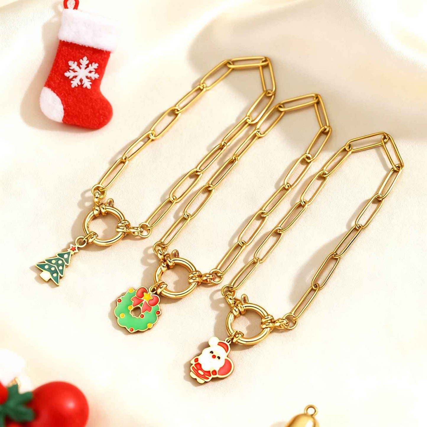 Stainless Steel Autumn & Winter Santa Claus Christmas Tree Snowman Imitation Pearl Necklace