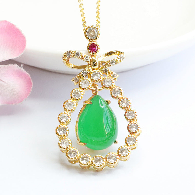 Green Chalcedony Necklace with Zircon Pendant and Sterling Silver Bow
