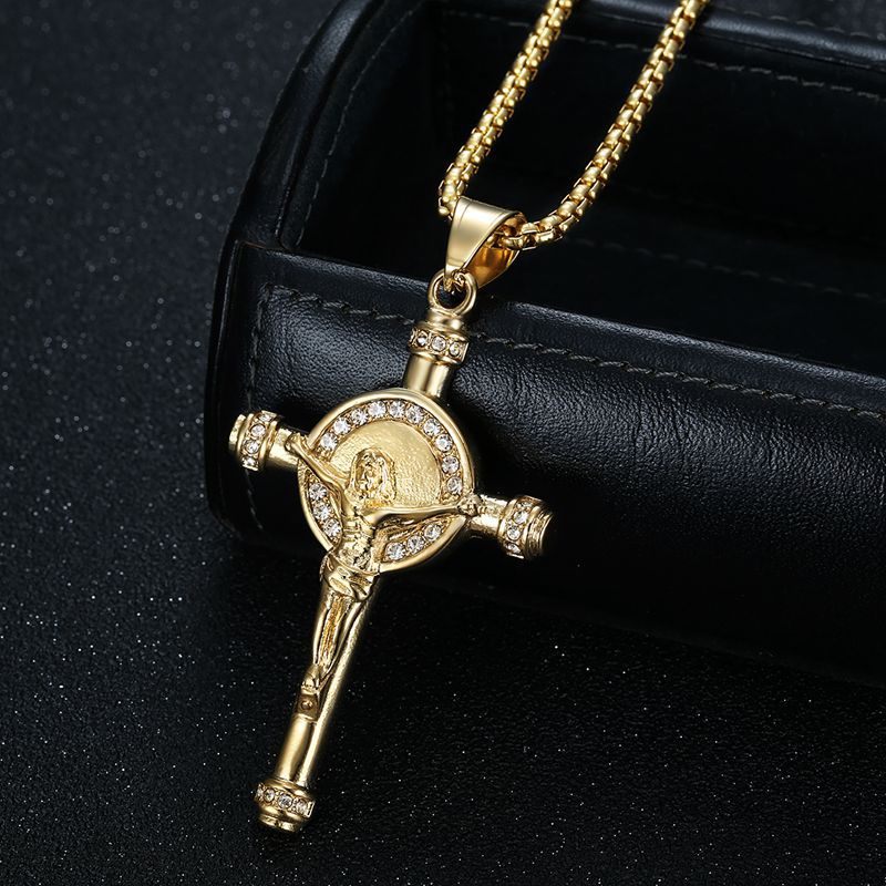 Planderful Everyday Genie Hip Hop Cross Pendant Necklace Titanium Steel Gold Plated Zircon Stunning Urban Style Fans