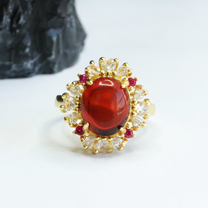 Oval Beeswax Amber Ring with Sterling Silver Petal Zircon Jewelry