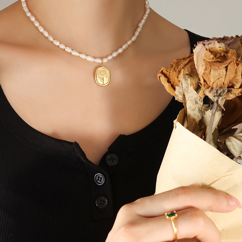 French Sunflower Carved Pearl Necklace with Vintage Charm