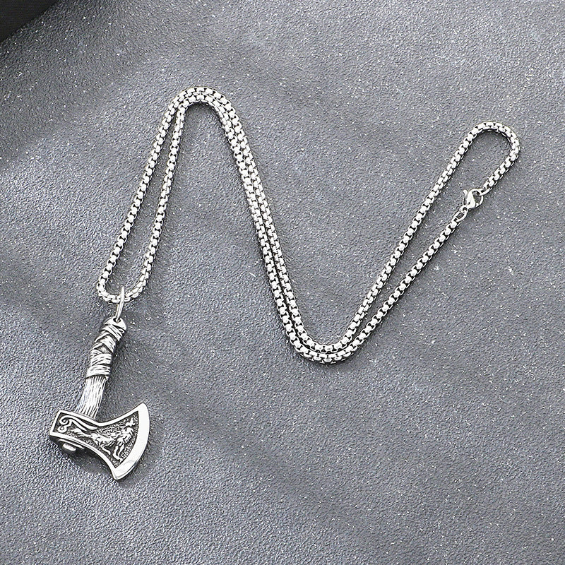 Nordic Viking Wolf Pattern Battle Axe Pendant – Punk Style Axe Amulet Titanium Steel Necklace