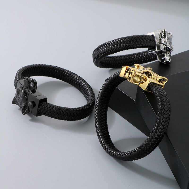 Planderful Wolf Head Leather Bracelet For Men Personalized