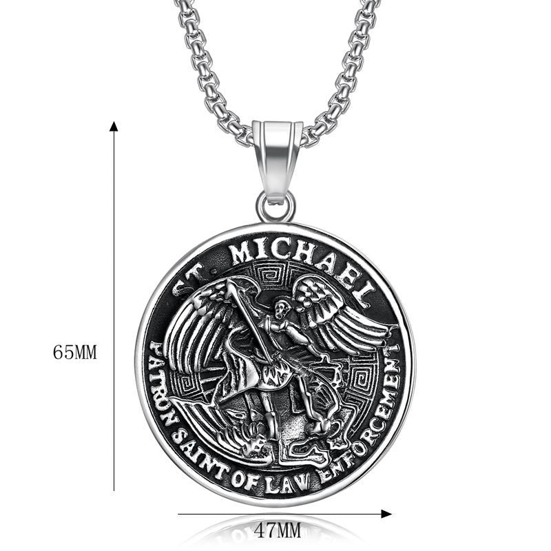 Planderful St Michael Angel Round Pendant Necklace Unisex Titanium Steel Punk Style Jewelry