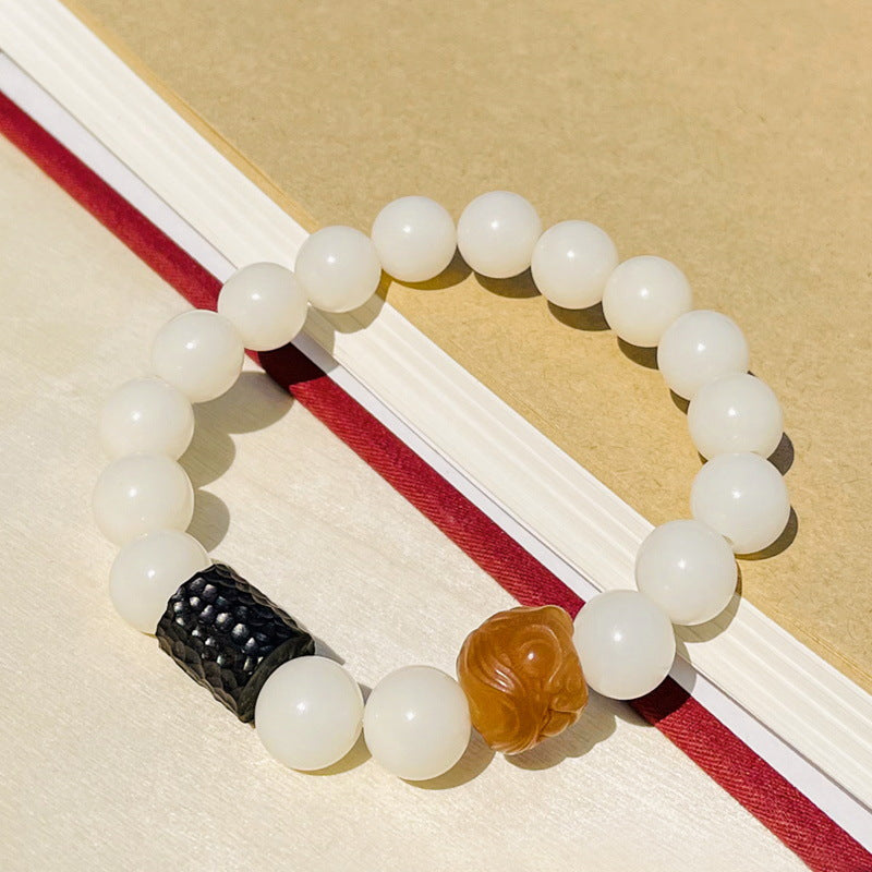 White Bodhi Jade and Sterling Silver Lion Bracelet