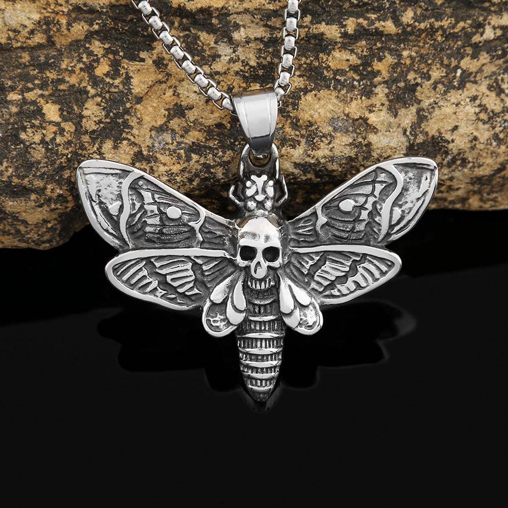 European And American Men's Fashion Jewelry Wholesale Stainless Steel Retro Moth Skull Pendant Necklace