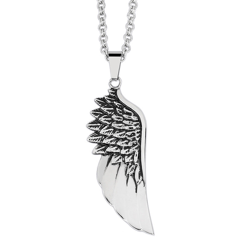 Titanium Steel Feather Pendant with Angel Wings for Men – European and American Fashion Design