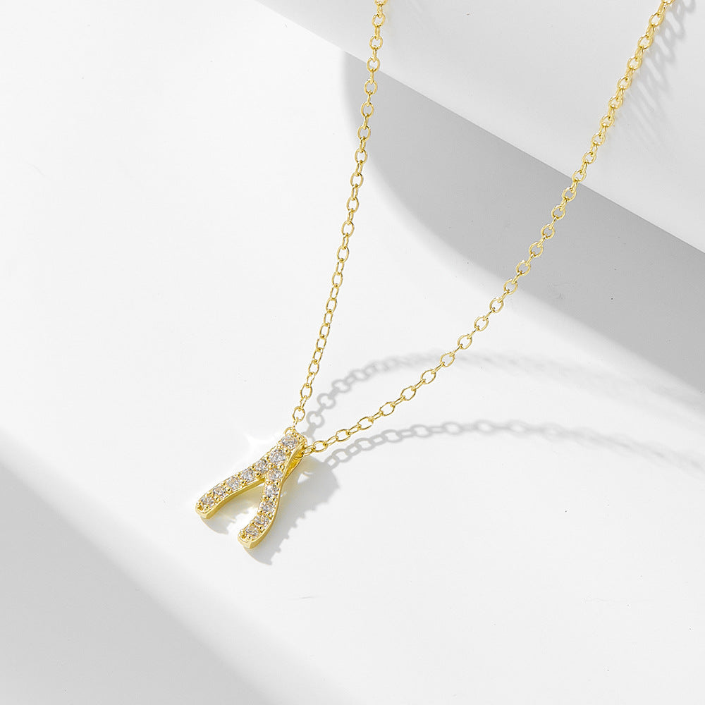 Korean Version Inlaid Zircon Necklace Geometric Herringbone Pendant S925 Sterling Silver Wishing Bone Women