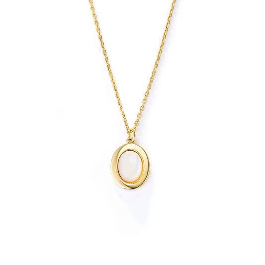 Retro Oval Natural White Fritillary Shell Pendant Sterling Silver Necklace