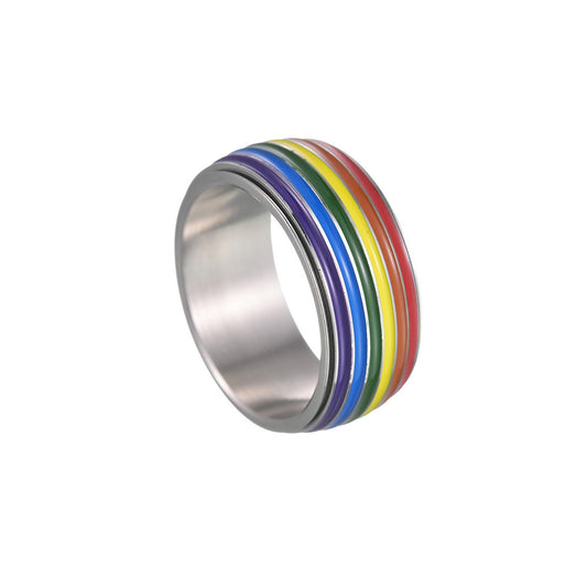 Rainbow Flag Rotatable Couple Ring in Titanium Steel - European and American Design