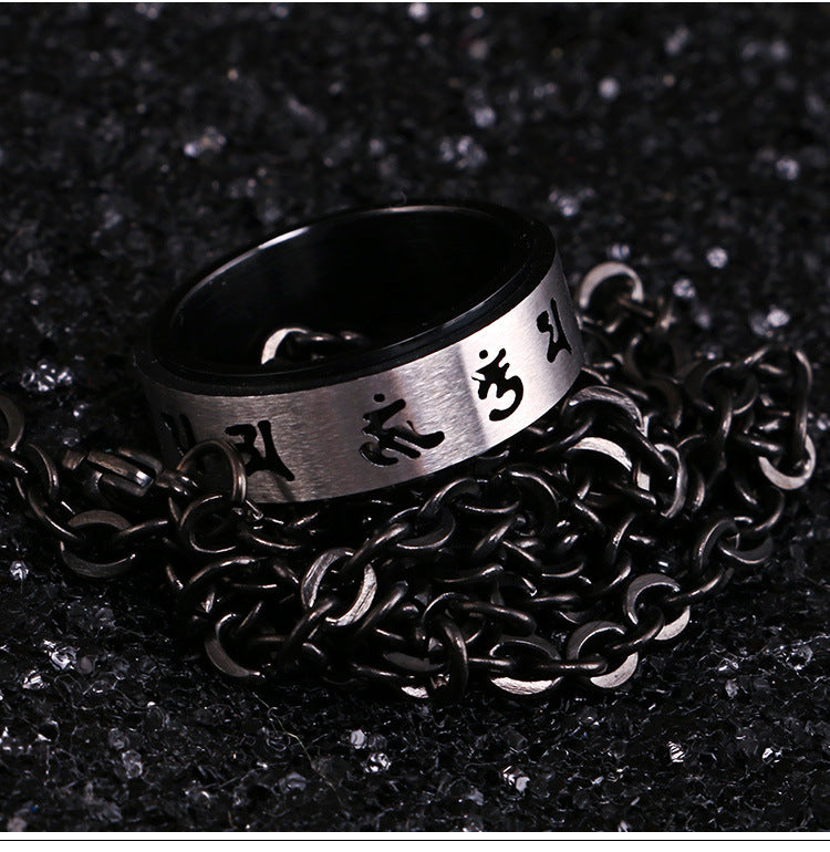 Planderful Rotating Mantra Ring for Men, Personalized Six Character Stainless Steel Ring Rotatable Jewelry