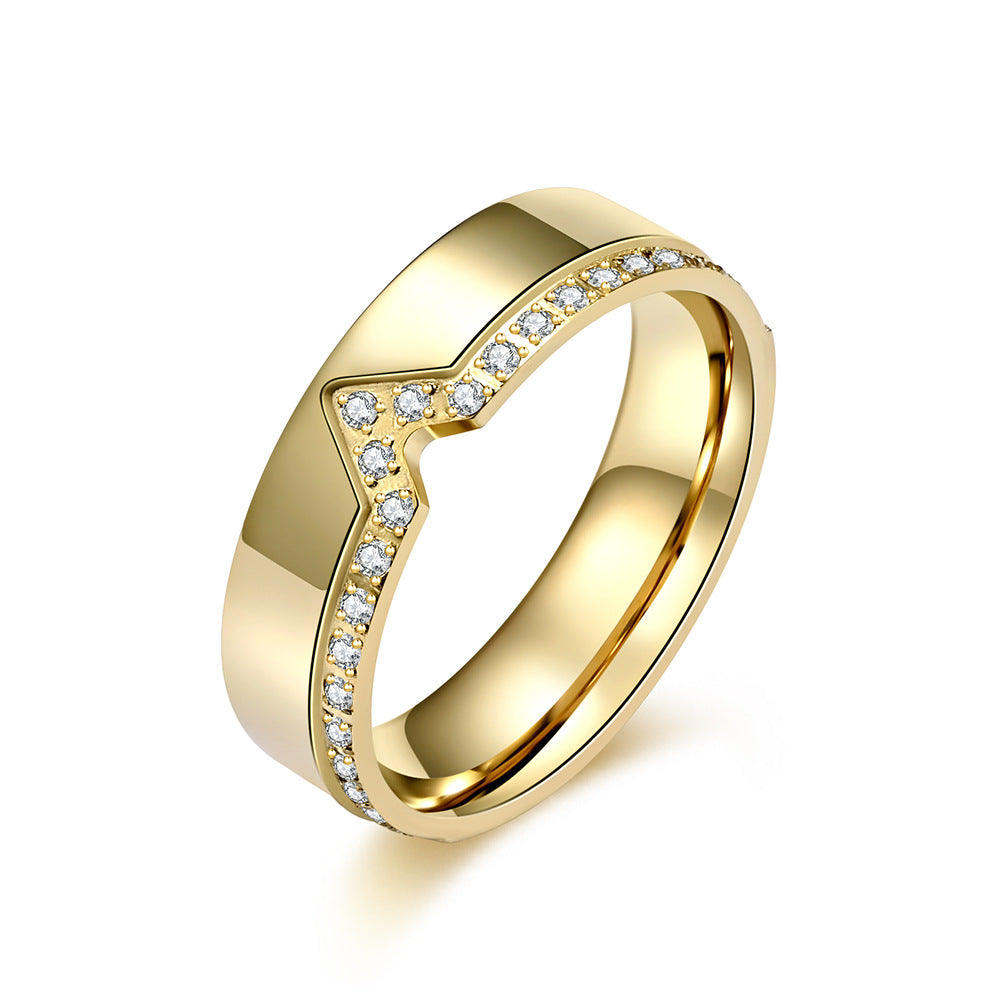 Stainless Steel Engraving Zircon V-Shaped Ring Women's