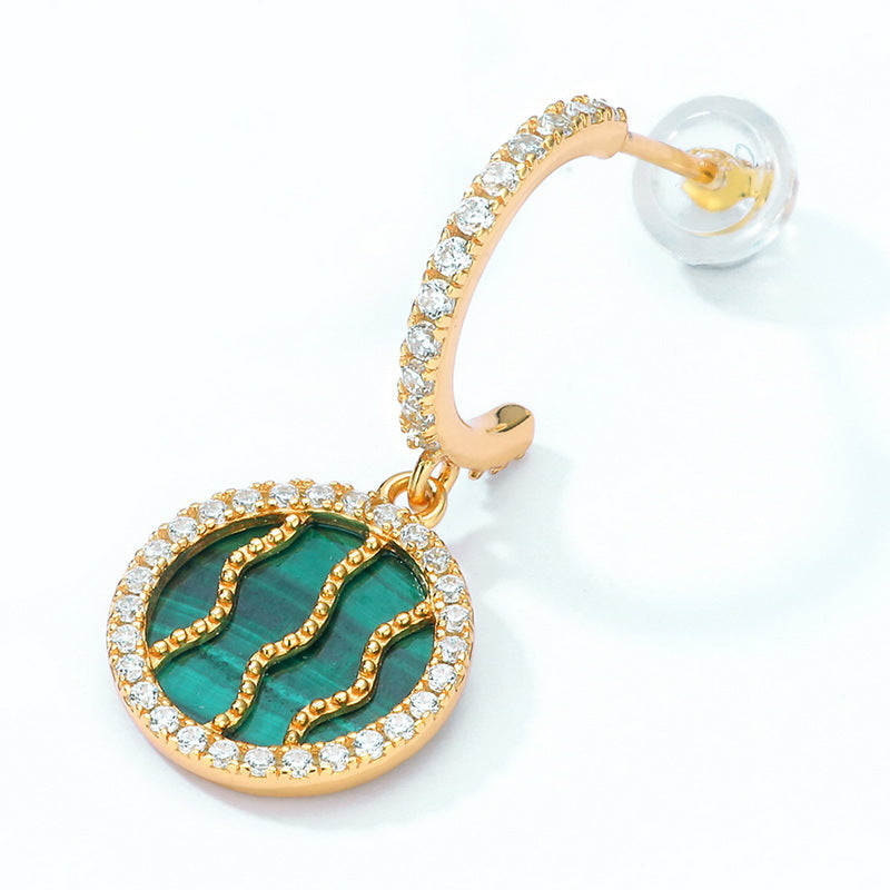 Round Malachite Watermelon Pendant C Shape Zircon Sterling Silver Earrings