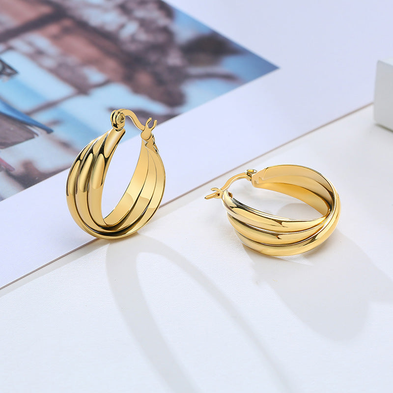 Korean Version Earrings Ins French Titanium Steel Three-Ring Jewelry