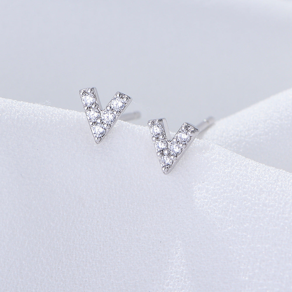 S925 Sterling Silver Zircon English Letter Stud Earrings Geometric Small Mini Earrings Ear