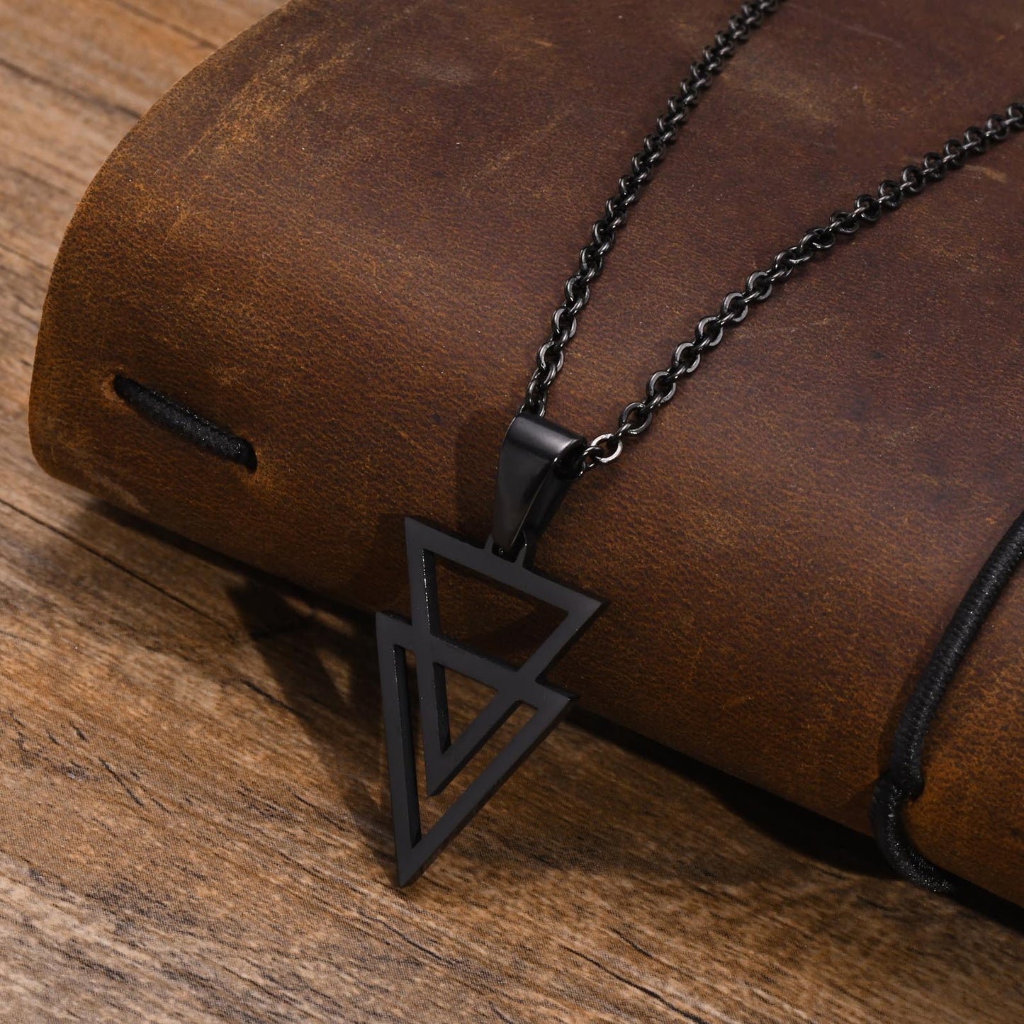 Men's Geometric Necklace Stainless Steel Triangle Pendant Black