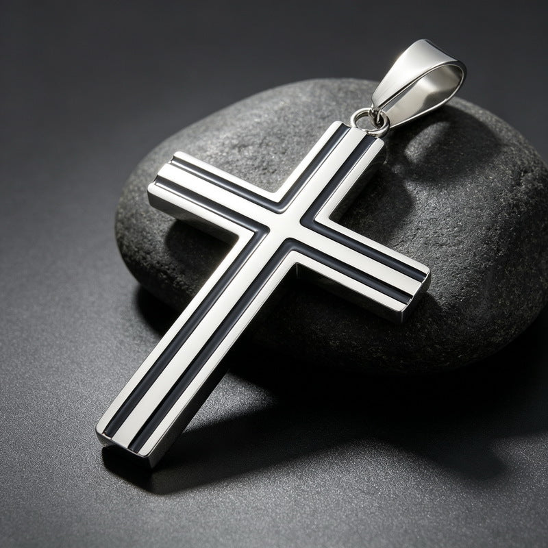Versatile Double-Line Groove Dripping Oil Contrasting Cross Pendant, Stainless Steel Men's Pendant On Necklace