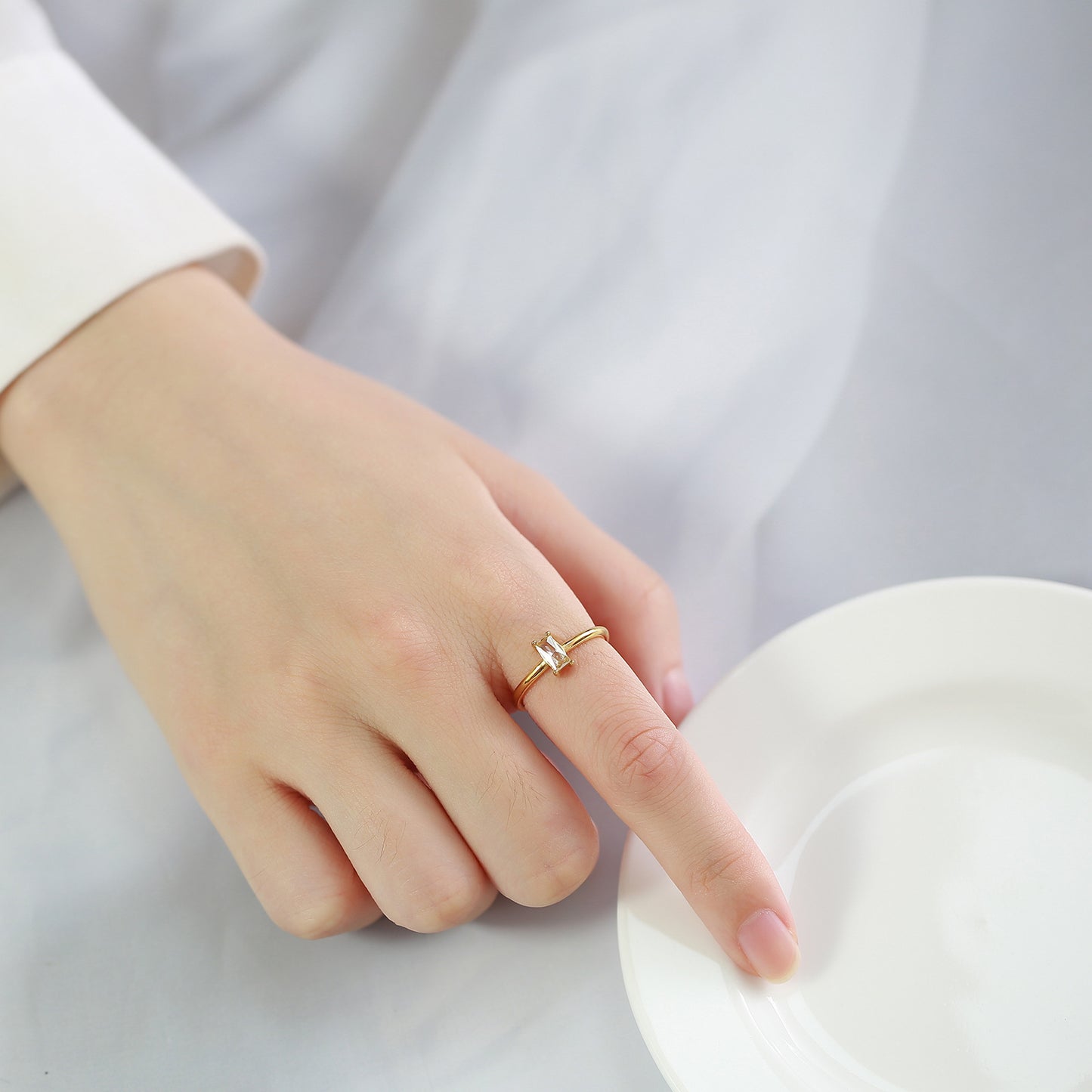 Stainless Steel Green White Square Zircon Gold Lady Ring