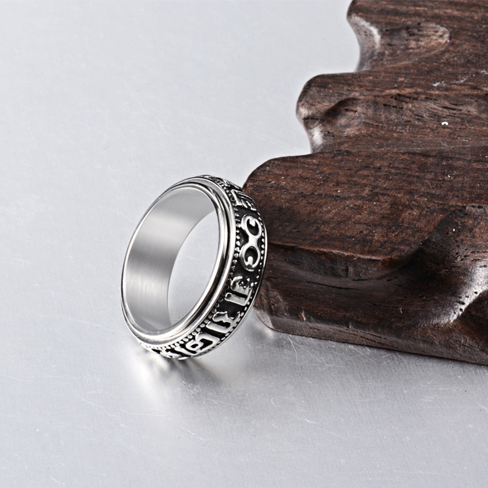 Planderful Taoist Six Character Daming Mantra Ring Rotating Titanium Steel Band For Men Ethnic Style