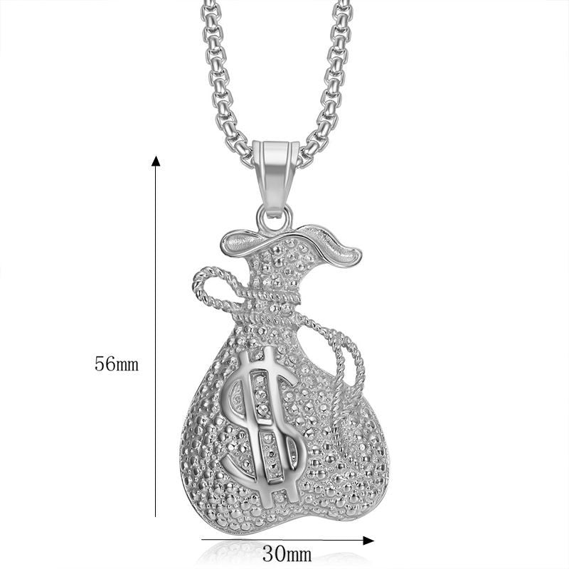 Planderful Everyday Genie Hip Hop Dollar Bag Pendant Necklace Gold Plated Stainless Steel For Urban Fashion Fans