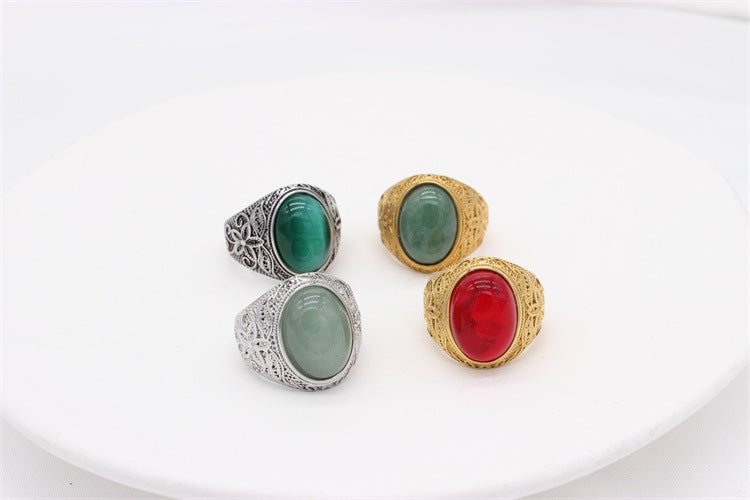 Titanium Steel Ring With Oval Gemstone Unisex Fashion Accessory Planderful Personalized Pattern
