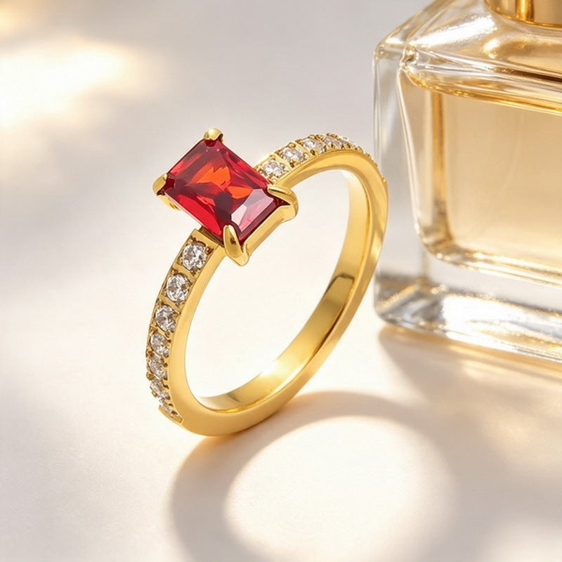 French Four-Claw Rectangle Color Zircon Ring Half Circle Zircon Stainless Steel
