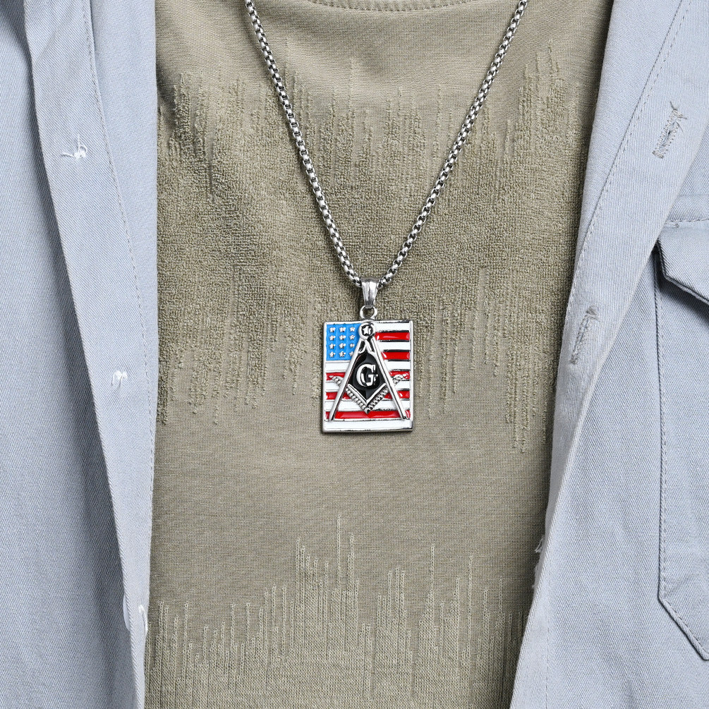 Planderful Freemason Stars And Stripes Necklace For Men Everyday Genie Stainless Steel Hip Hop Pendant