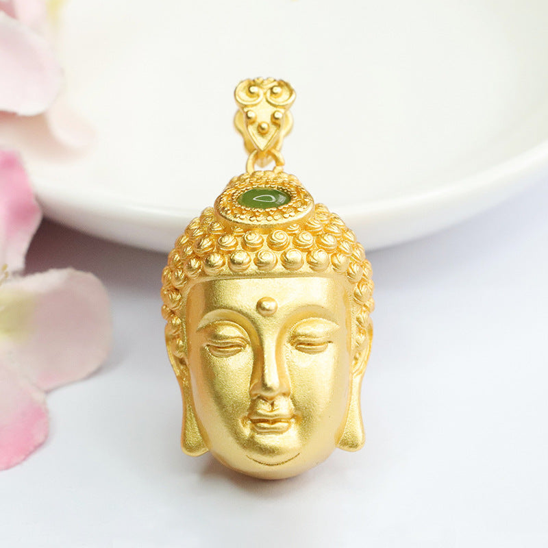 Ponderful Collection Oval Jasper Buddha Pendant with Authentic Hetian Jade