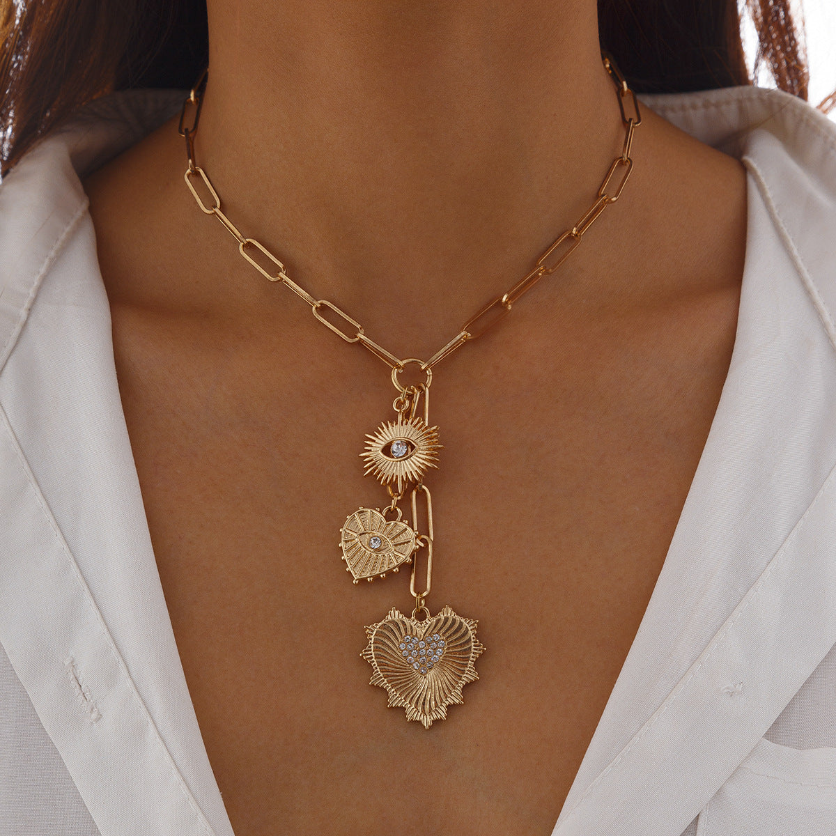 Heart, Eye & Cross Fringe Necklace