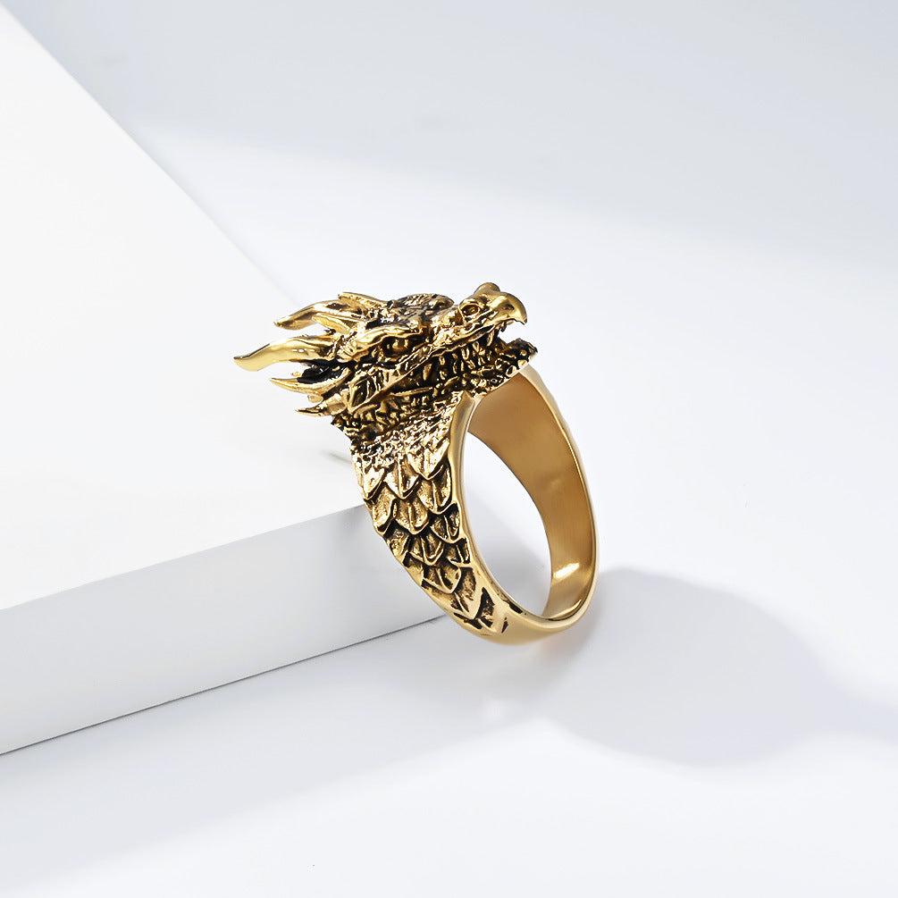 Planderful Dragon Ring For Men Retro Dragon Head Titanium Steel Gold Plated Non Fading Jewelry