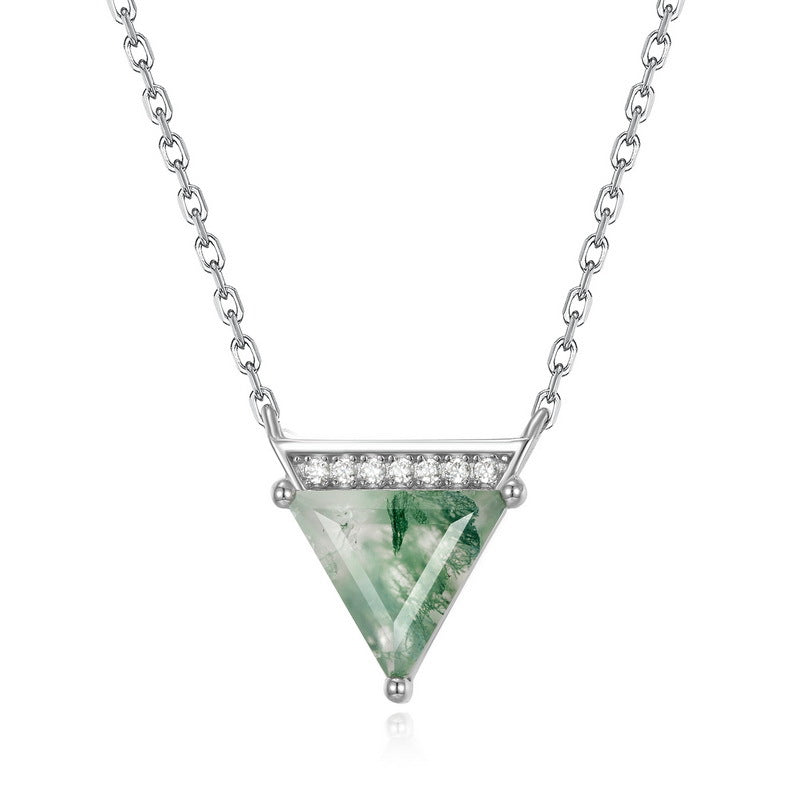 S925 Sterling Silver Moss Agate Geometric Pendant Necklace