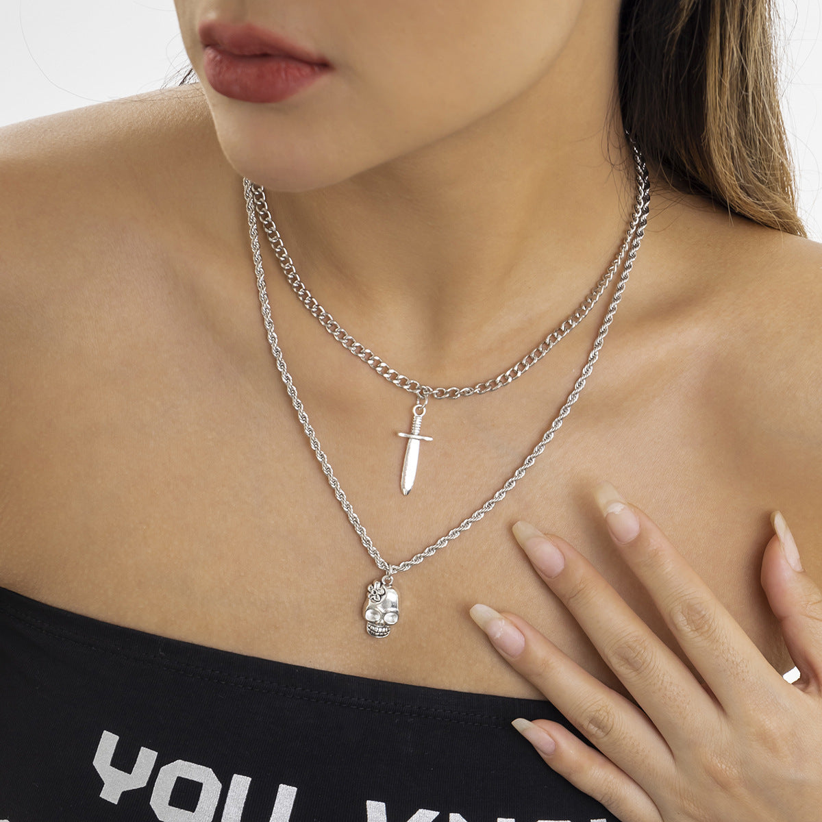 Planderful Dagger Skull Double Necklace Vienna Verve Metal Jewelry For Women Bold Geometric Statement