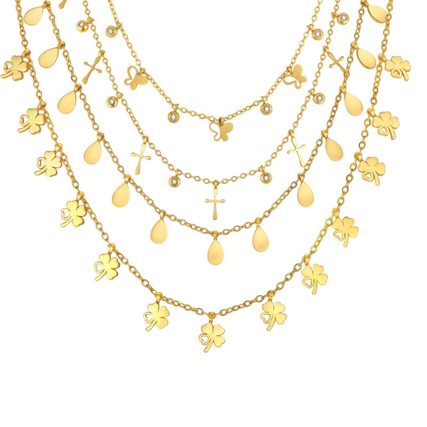 Stainless Steel Geometric Star Flat Cross Chain Water Drop Hollow Butterfly Zircon Necklace