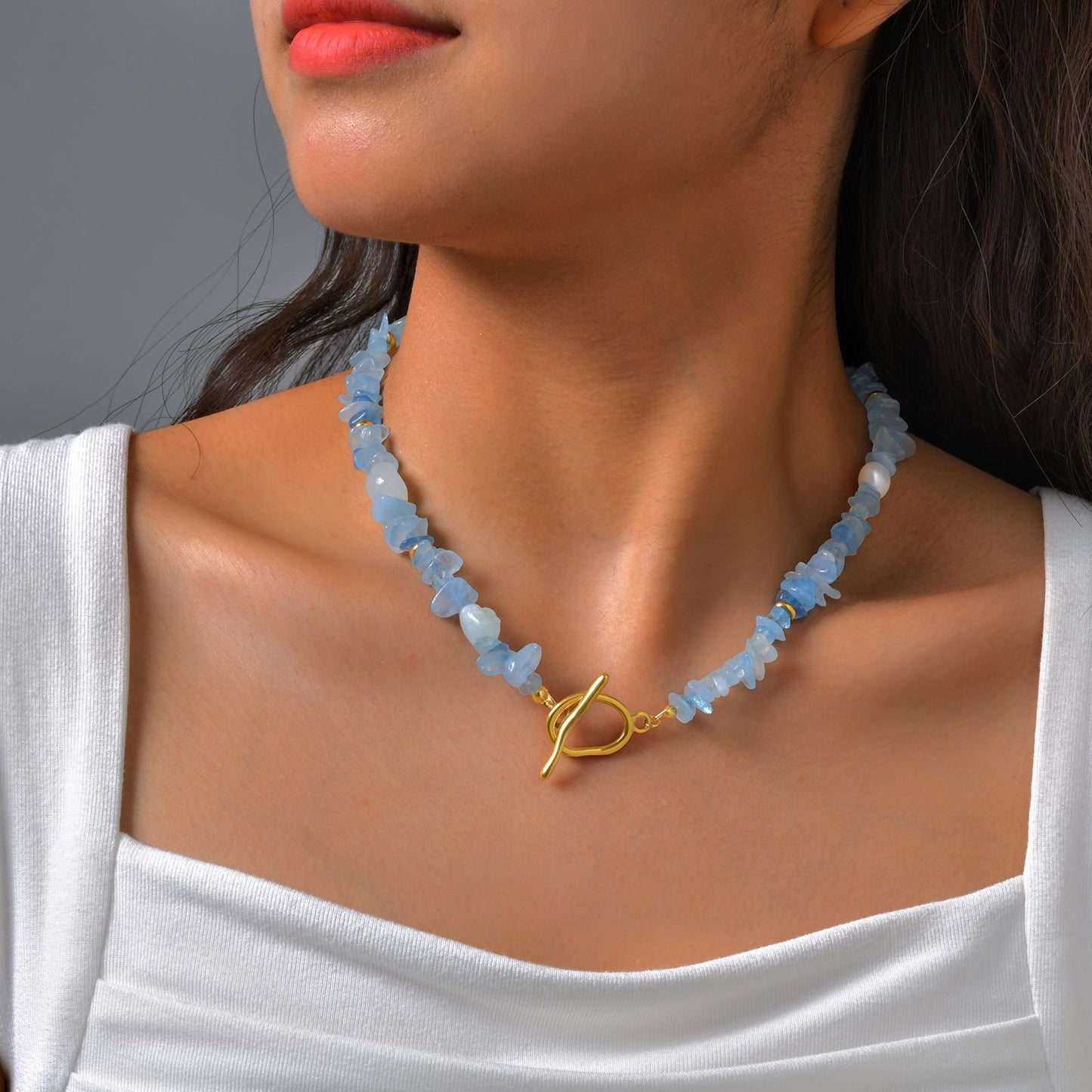 Summer Small Fresh Stainless Steel Toggle Clasp Aquamarine Irregular Natural Gravel Necklace