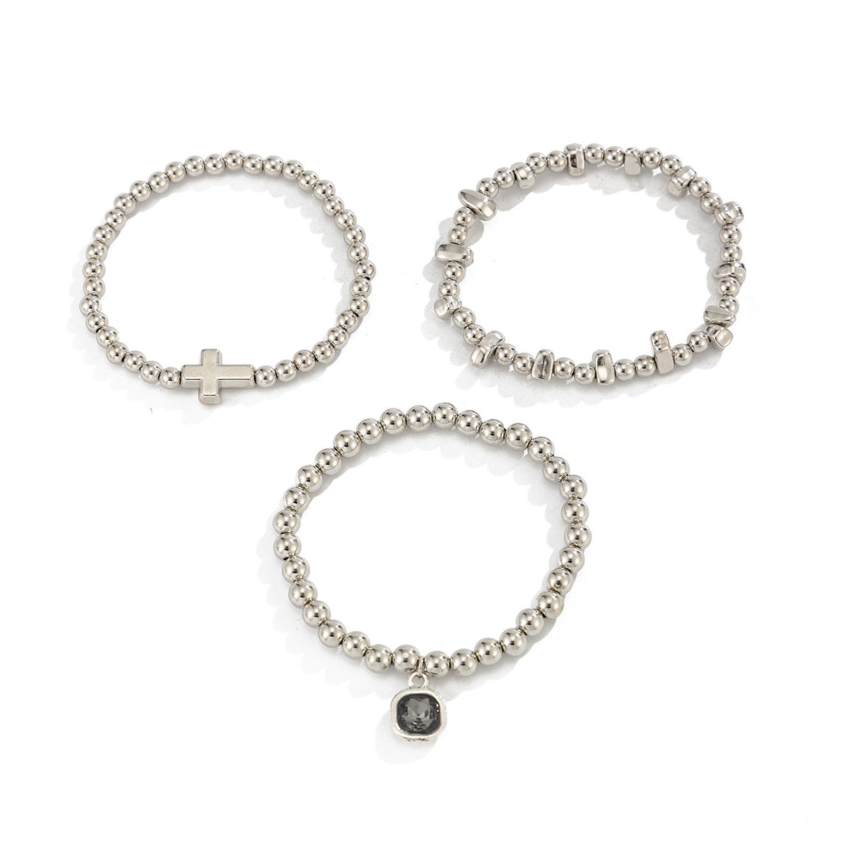 Planderful Vienna Verve Elastic Silver Beaded Bracelet Set With Personalized Gray Stone Pendant Cross For Her